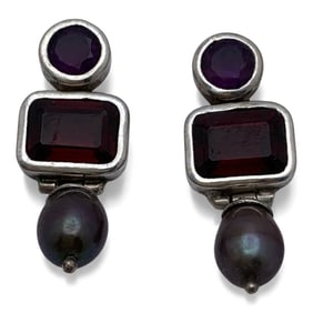 Pair Of Sterling Pearl & Colored Stone Earrings