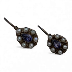 Pair Of Sterling Pearl & Purple Stone Earrings