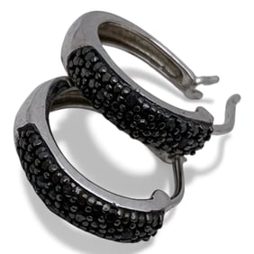 Pair Of Sterling & Black Diamond Hoop Earrings