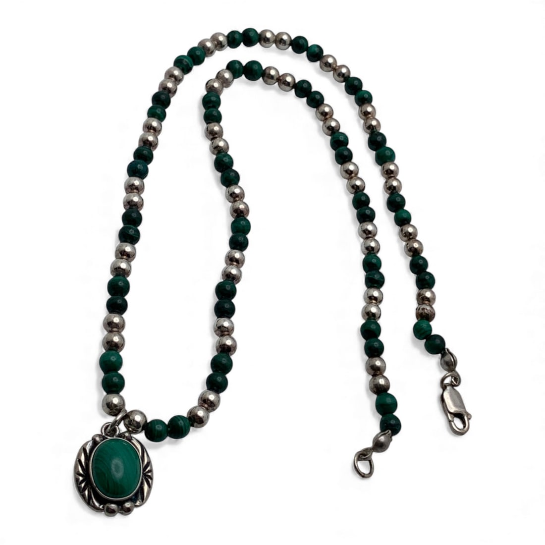 Sterling Silver & Malachite Beaded Necklace: Marked 925 - 16 3/8" Long - 15.3 Grams