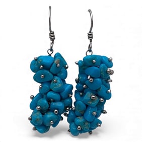 Pair Of Sterling & Blue Stone Cluster Earrings