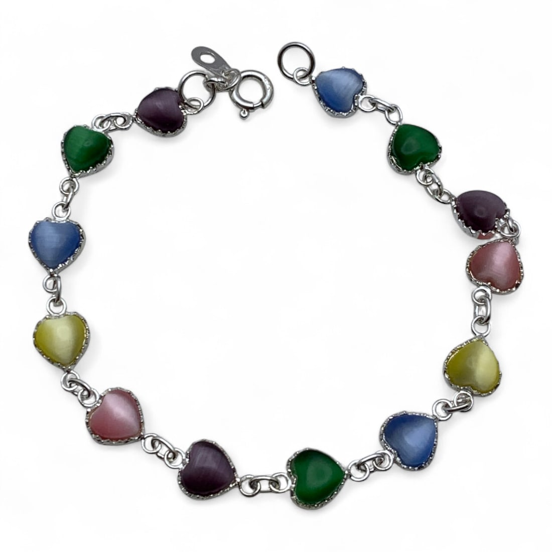 Sterling Silver Multi Colored Heart Bracelet: Marked 925 - 7 3/4" Long - 5.8 Grams