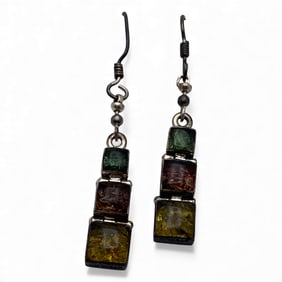 Pair Of Sterling & Colored Glass Earrings