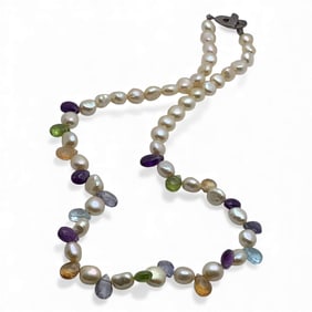 Sterling Silver Pearl & Colored Stone Necklace
