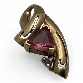 10k Gold, Diamond And Pink Stone Pendant