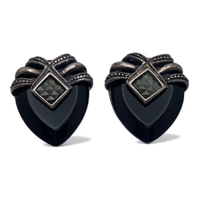 Pair Of Sterling Marcasite & Black Stone Earrings