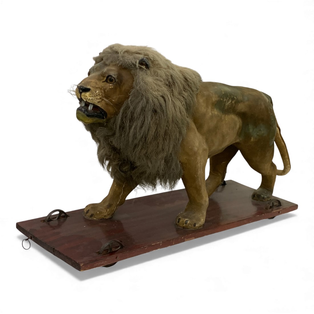 Antique Lion Pull Toy: 13.5" Tall X 15" Long. Mixed Materials, Hide Covered On Wooden Base. Expected Wear, See Photos.
