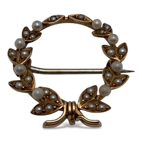 14k Yellow Gold & Seed Pearl Brooch