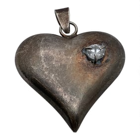 Mexico Sterling Silver & Clear Stone Heart Pendant