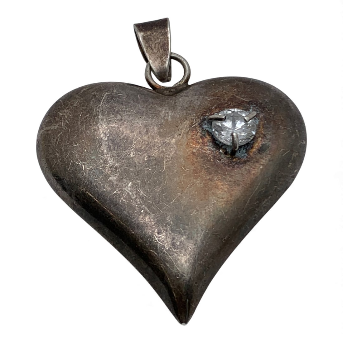 Mexico Sterling Silver & Clear Stone Heart Pendant: Marked 925 - 2" Long - 15.0 Grams