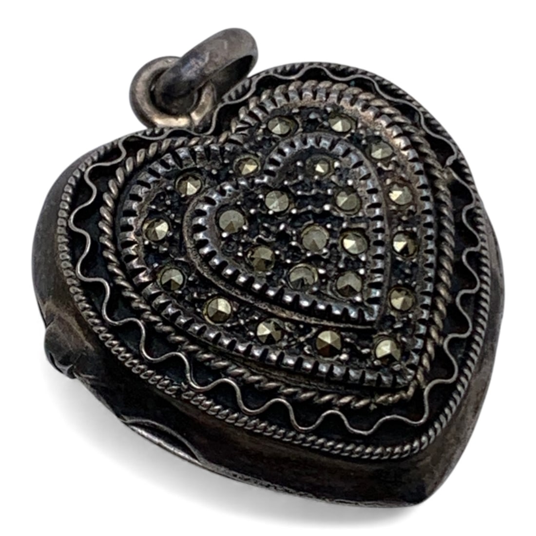 Silver & Marcasite Heart Pendant Locket: Tests Silver - 1 3/8" Long - 9.6 Grams