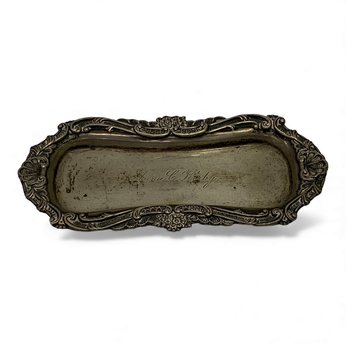 Duhme & Co. Sterling Silver Tray: Marked: Sterling Silver. 925/1000. Duehme & Co.5.5" Long. 1.500 Ozt. Engraved: Anna C. Kirby.