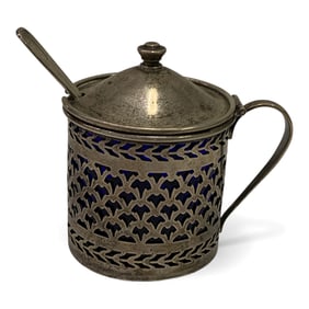 Sterling Silver & Cobalt Glass Mustard Jar