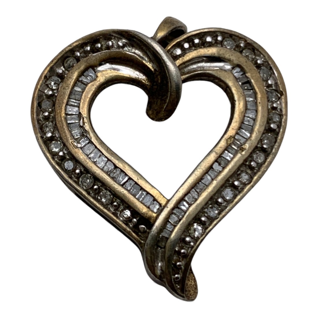 Sterling Silver & Diamond Heart Pendant: Marked 925 - 1 1/8" Long - 3.9 Grams