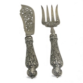 Ffloral Design Fork & Knife With Sterling Handles