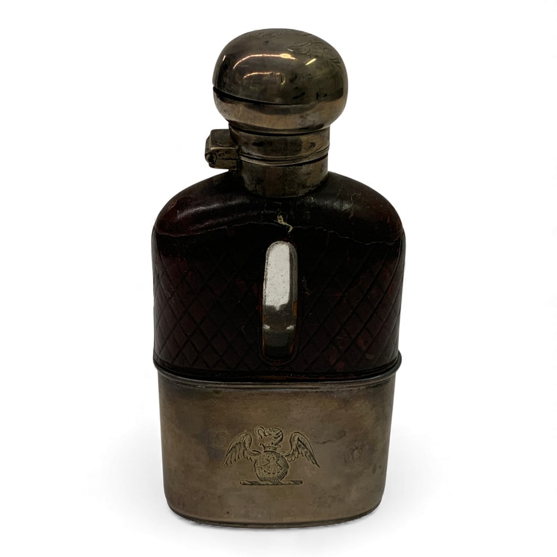 Mappin & Webb Sterling, Leather & Glass Flask: Marked Mappin & Webb. Bears Sterling Hallmarks. 4.75" Tall.Total Weight: 5.675 Ozt.
