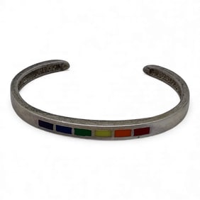 Sterling Cuff Bracelet W Inlaid Colored Stones