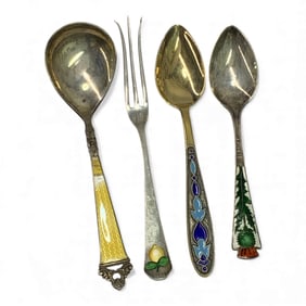 Group Of Sterling Silver Enameled Spoons & Fork