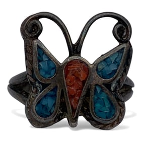 Silver Butterfly Ring W Blue & Red Stones