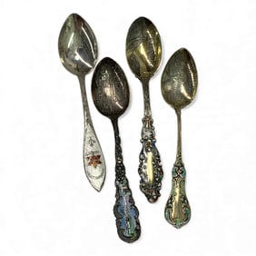 4 Sterling Silver Enameled Souvenir Spoons