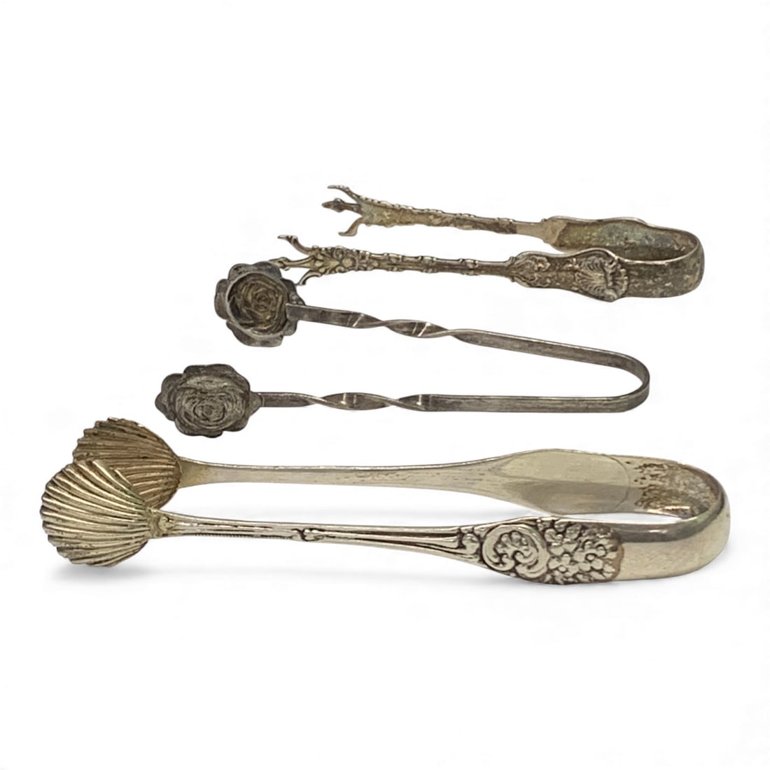 3 Sterling Silver Sugar Tongs: All Marked Sterling. 3" To 4" Long. Total Weight: 0.865 Ozt.