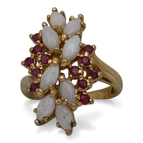 Sterling Gold Tone Ring W Opal & Pink Stones