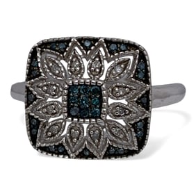 Sterling Silver Ring With White & Blue Diamonds