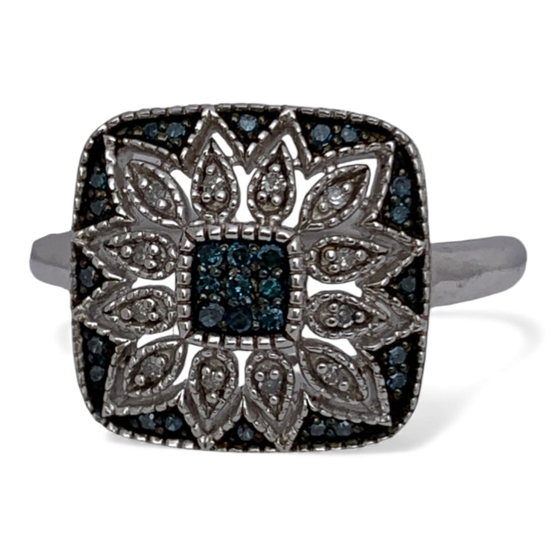 Sterling Silver Ring With White & Blue Diamonds (1 of 3)