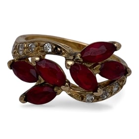 Sterling Gold Tone Ring W Red & Clear Stones
