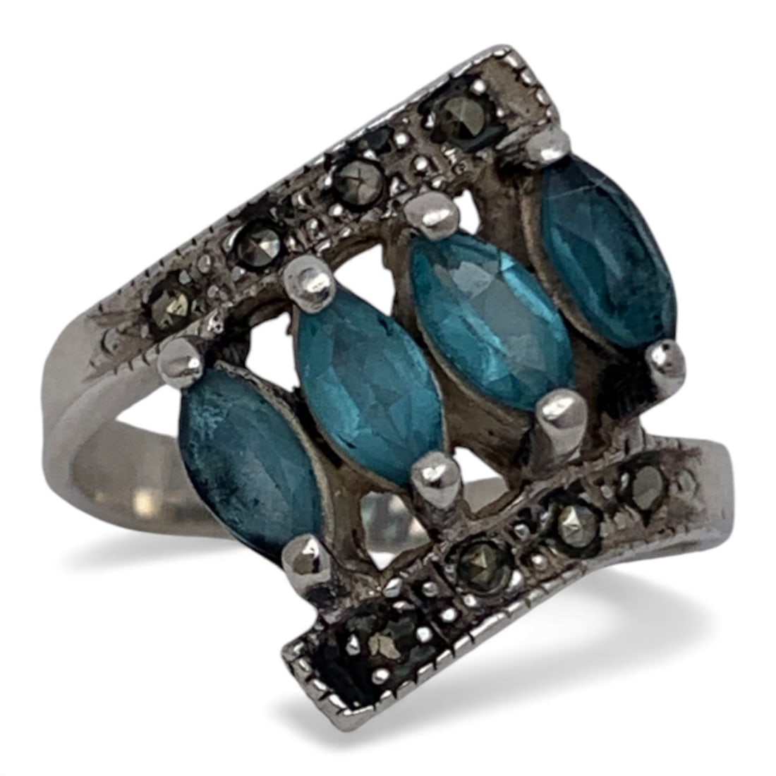 Sterling Marcasite & Blue Stone Ring: Marked 925 - Size 8 - 5.2 Grams