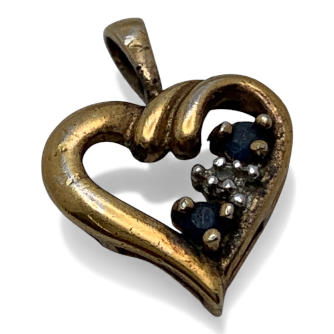 Sterling Gold Tone Heart Pendant With Sapphire: Marked 925 - 3/4" Long - 1.1 Grams