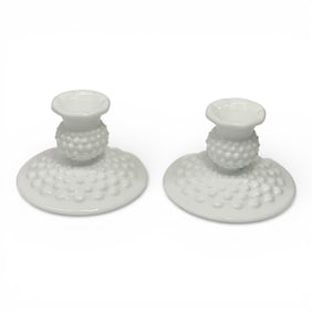 Pair Of Fenton Milk Glass Hobnail Candle Holders