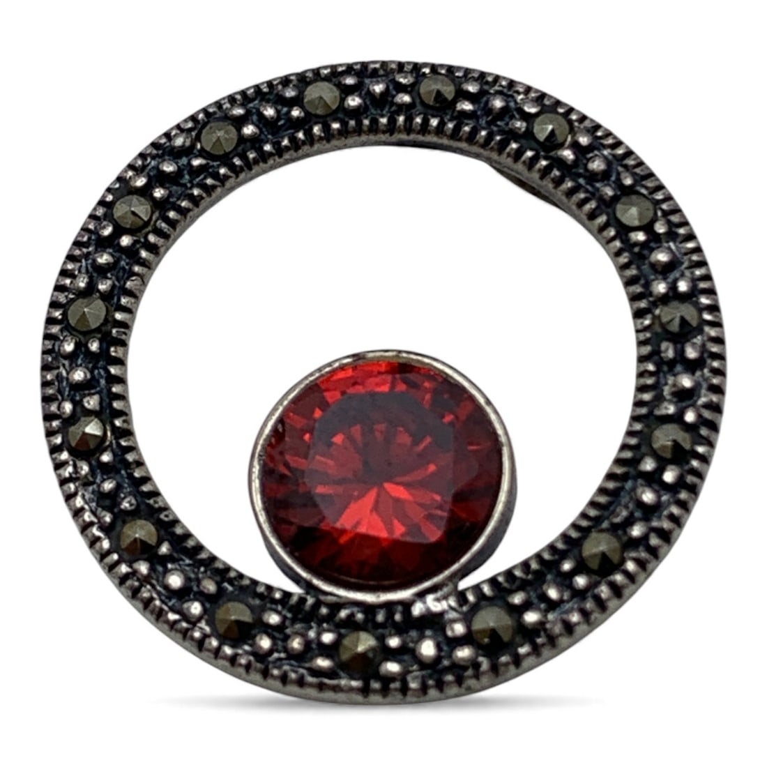 Sterling Marcasite & Red Stone Pendant: Marked 925 - 3/4" Long - 2.9 Grams