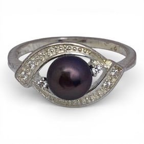 Sterling Pearl & Clear Stone Ring