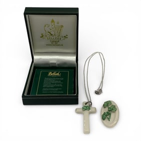 Beleek Pottery Brooch & Cross Pendant On Chain