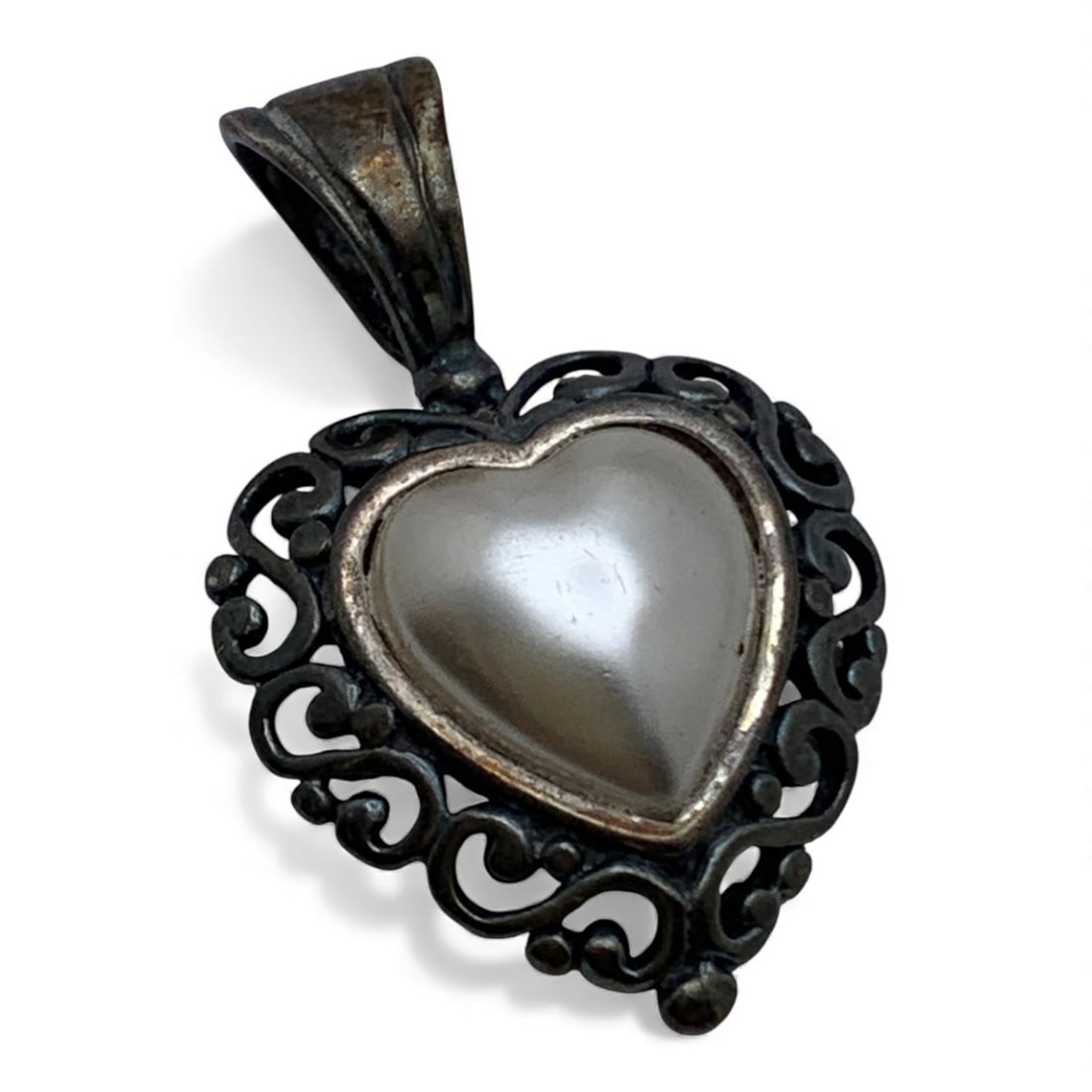 Sterling Silver & Pearl Heart Pendant: Marked 925 - 1 1/8" Long - 3.0 Grams