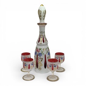 Bohemia Hand Painted Cased Glass Decanter & Cups