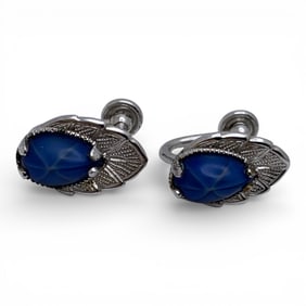 Pair Of 14k White Gold & Star Sapphire Earrings