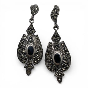 Pair Of Sterling Marcasite & Black Stone Earrings