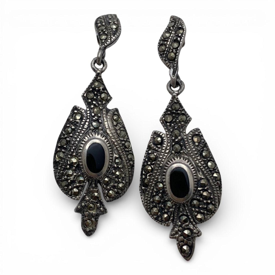 Pair Of Sterling Marcasite & Black Stone Earrings: Marked 925 - 1 3/4" Long - 6.8 Grams