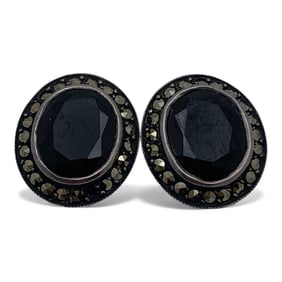 Pair Of Sterling Marcasite & Black Stone Earrings