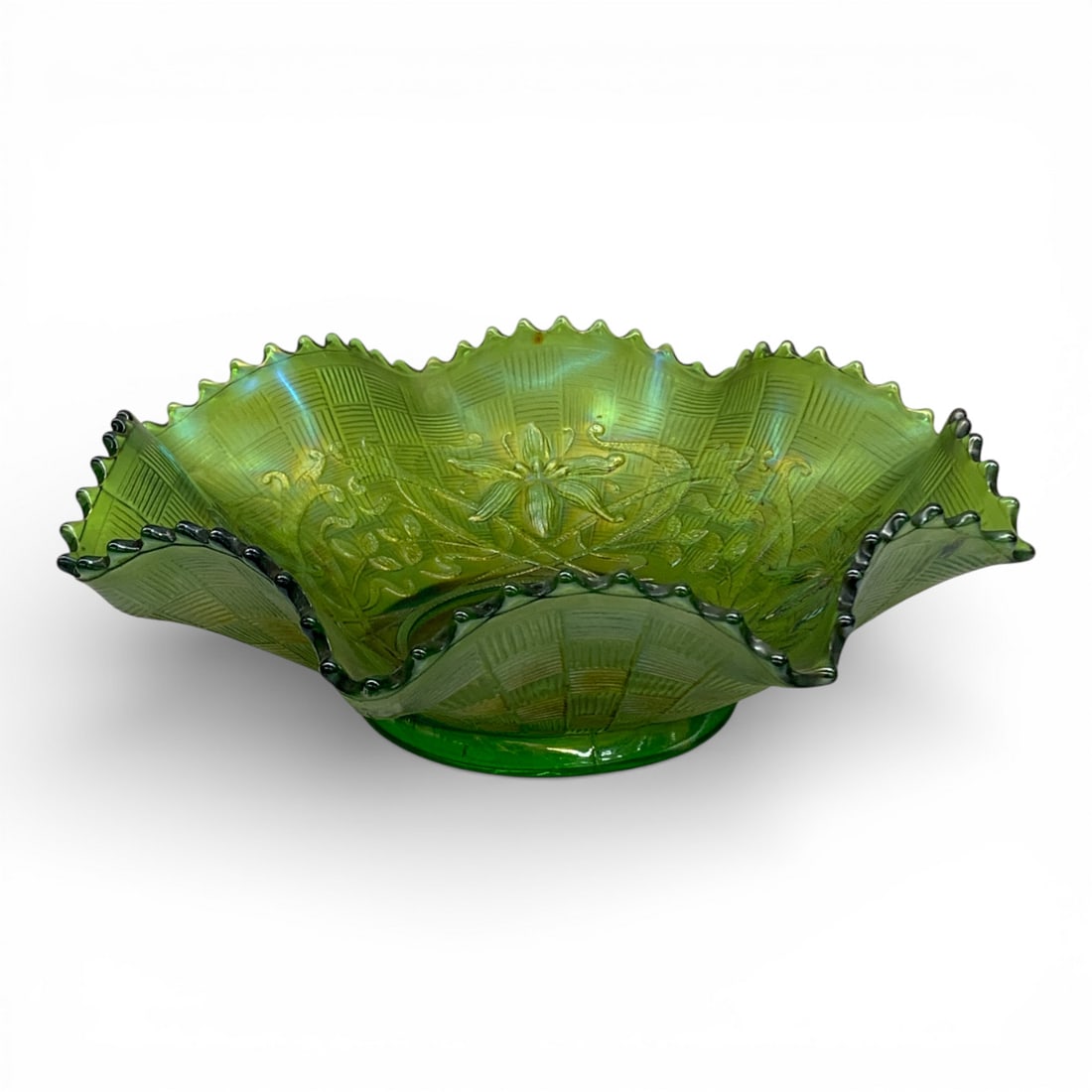 Carnival Glass Green Floral Bowl: 10" Diameter.