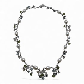 Sterling Silver Pearl & Stone Chunk Necklace