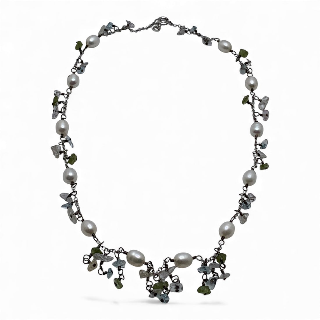 Sterling Silver Pearl & Stone Chunk Necklace: Marked 925 - 17 3/4" Long - 13.0 Grams