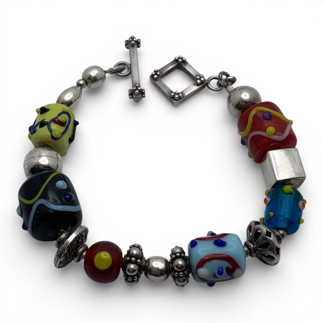 Silver & Art Glass Charm Bracelet: Tests Silver - 8 1/4" Long - 39.1 Grams