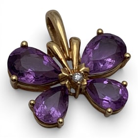 14k Gold Amethyst & Diamond Butterfly Pendant