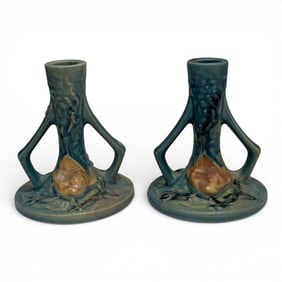 Pair Of Roseville Pottery Magnolia Candle Sticks