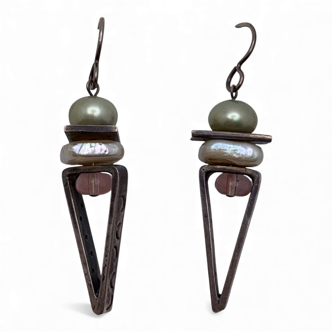 Silver & Pearl Earrings: Tests Silver - 1 7/8" Long - 11.2 Grams