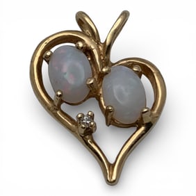 14k Yellow Gold Diamond & Opal Heart Pendant