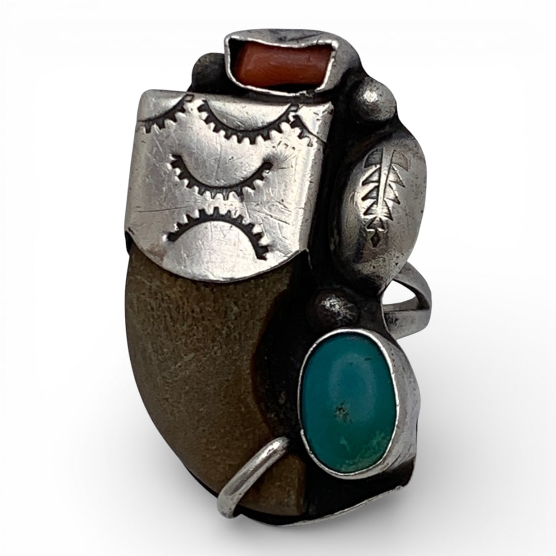 Navajo Silver Ring With Bone Turquoise & Coral: Tests Silver - Size 8 - 10.9 Grams